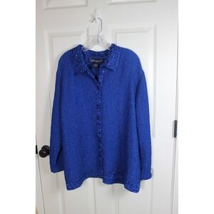 Susan Graver Style Blue Textured Knit Button Front Collared Shirt Top XL